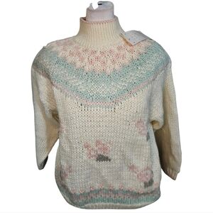 Vintage JAMIE SCOTT Hand Knit Mock Neck Fair Isle Sweater. Cream/pink Blue.M NWT